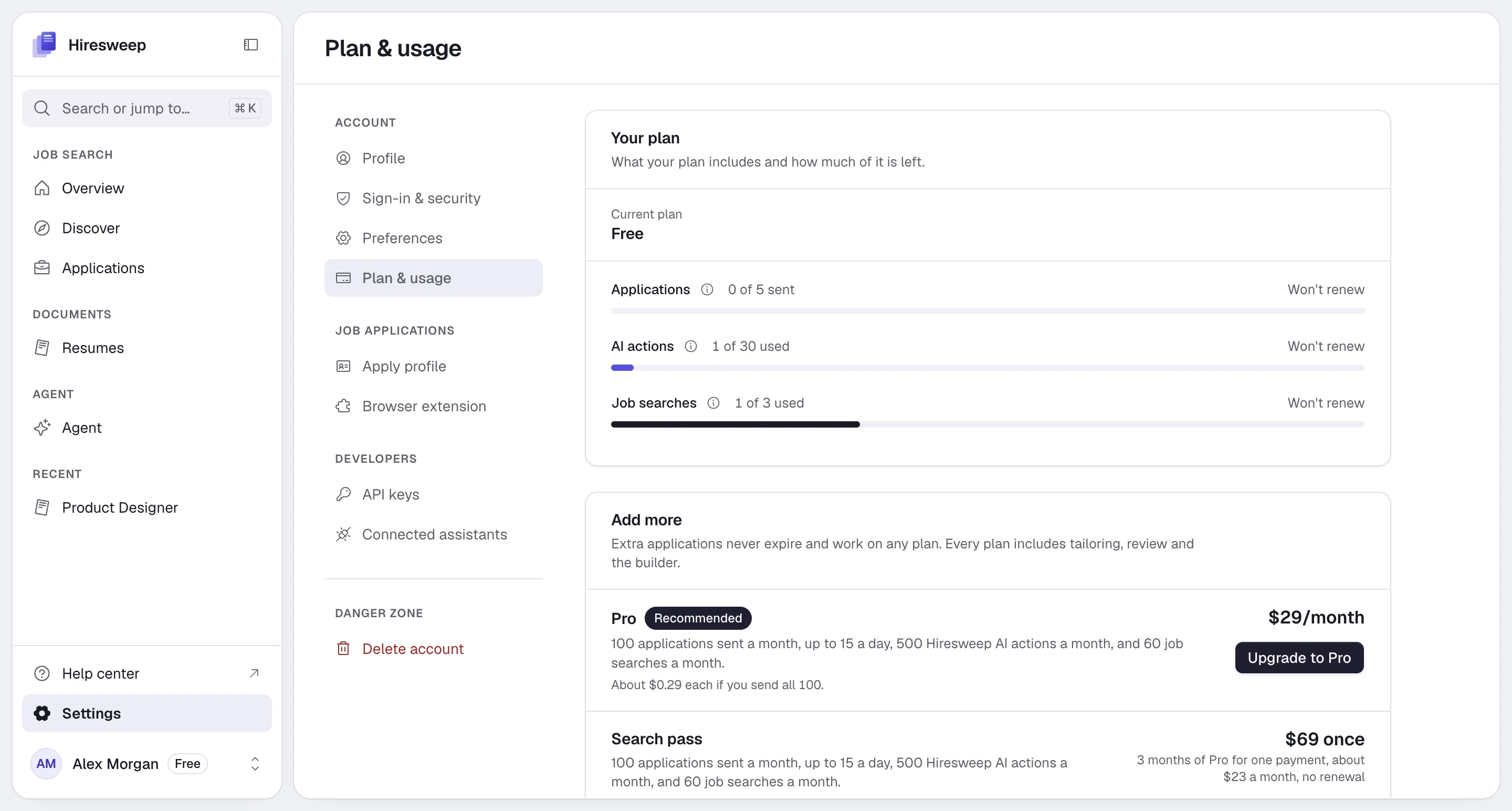 The Plan & usage page on the Free plan, with meters for applications, AI actions and job searches, and the Pro and Search pass offers